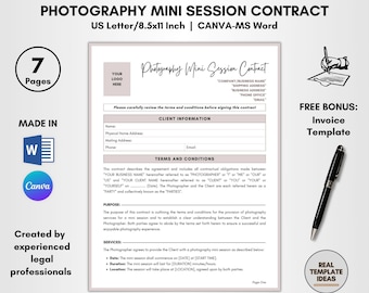 Photography Mini Session Contract, 7 Pages DIY Editable, Mini Session Service Agreement, Quick Session Terms, Mini Shoot Forms, Snap Policy