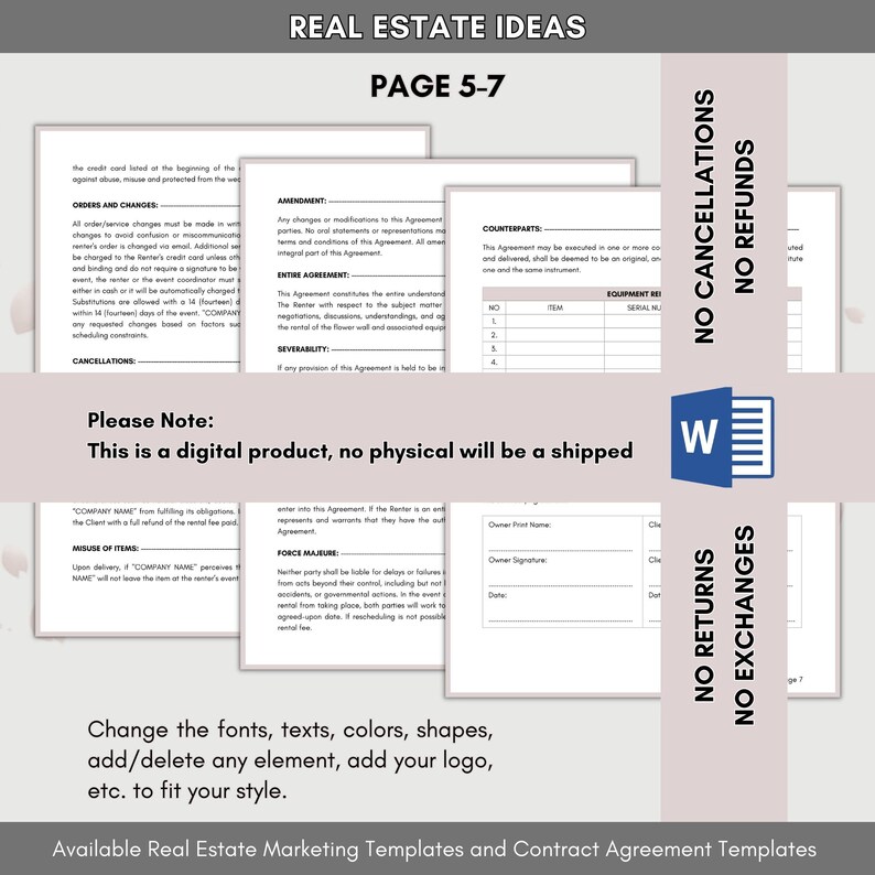 Flower Wall Rental Contract 7 Page DIY Editable Canva Etsy