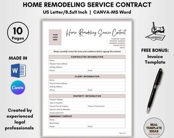 Home Remodeling Contract Template: DIY Editable, 10 Pages (CANVA & MS Word)