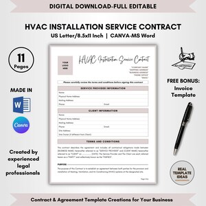 以下が含まれることがあります： 薄いピンクとグレーのカラーテーマで印刷可能なHVAC設置サービス契約書テンプレート。テンプレートには、サービスプロバイダー情報、クライアント情報、利用規約、署名欄が含まれています。「無料ボーナス：請求書テンプレート」というテキストは、ページの右上隅にあります。