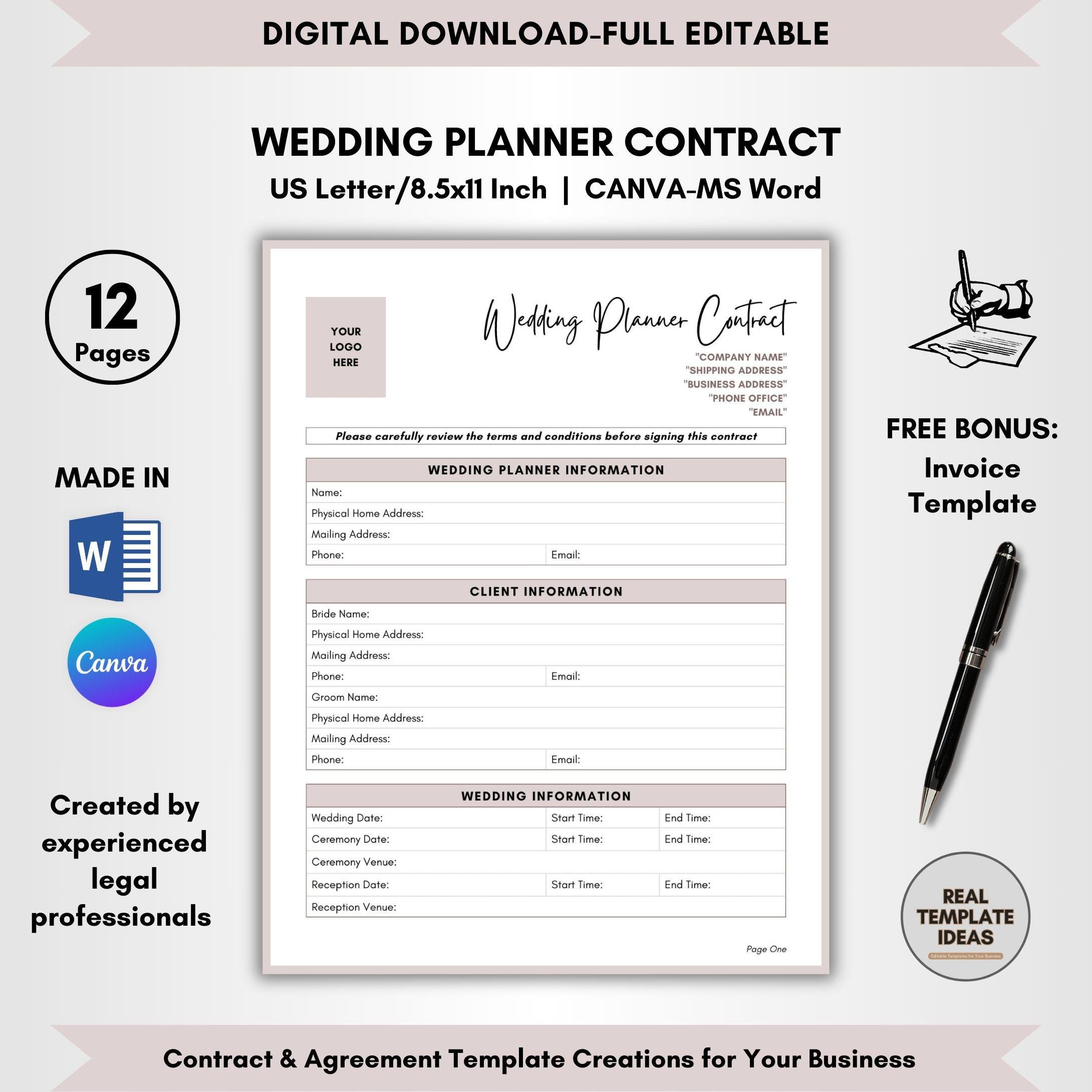 Wedding Planner Contract Template: DIY Editable Forms (digital Download ...