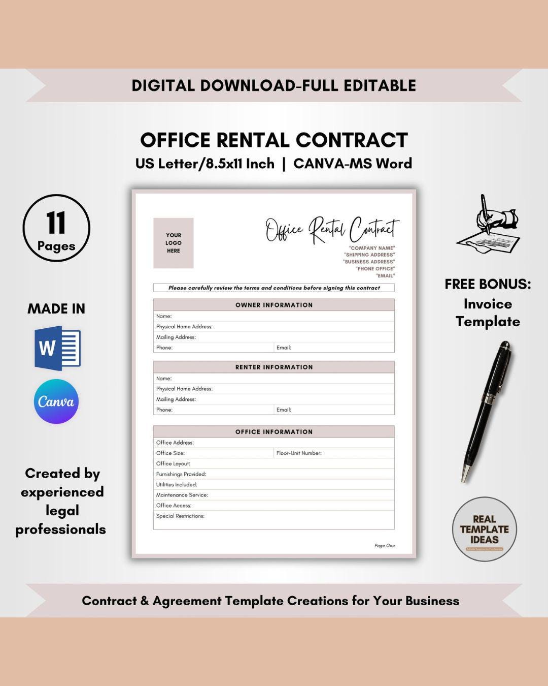 Office Rental Contract Template: 11 Pages DIY Editable Lease Agreement ...
