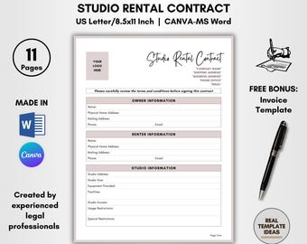 Studio Rental Contract Template: 11 Pages DIY Editable Agreement, Studio Lease (CANVA & MS Word)