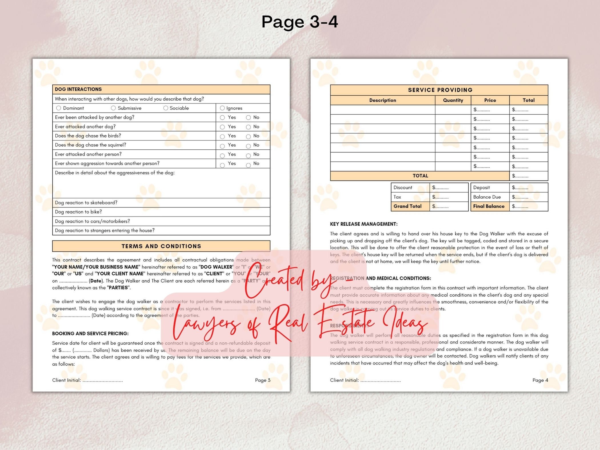 Dog Walking Service Agreement, 8 Page DIY Editable Canva Template, Dog