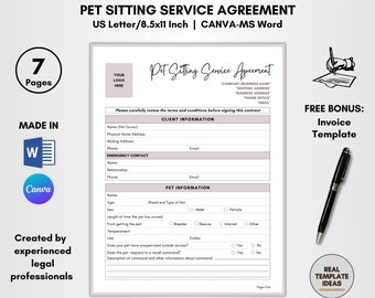 Pet Sitting Service Agreement Template, 7 Page DIY Editable, Pet Sitter Service Contract, Pet Sitter Forms, Pet Sitting Terms, CANVA-MS Word