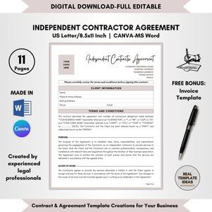 Independent Contractor Agreement Template, 11 Page DIY Editable, Freelance Contractor Contract Terms, Template on CANVA-MS Word, Legal Forms
