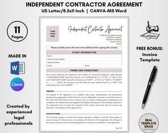 Independent Contractor Agreement Template, 11 Page DIY Editable, Freelance Contractor Contract Terms, Template on CANVA-MS Word, Legal Forms