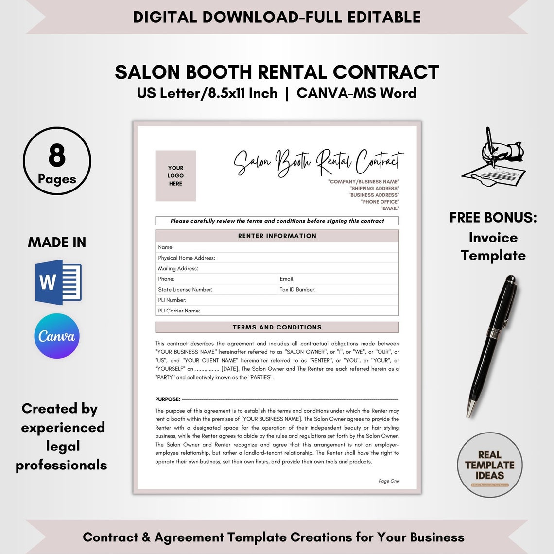 Salon Booth Rental Contract Template: 8 Pages DIY Editable Lease ...