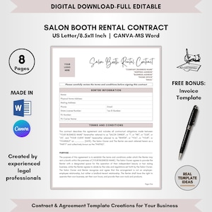 Salon Booth Rental Contract Template, 8 Pages DIY Editable, Salon Lease Agreement, Beauty Rental Space, Stylist Space Terms, CANVA-MS Word