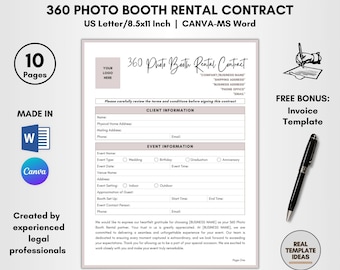 360 Photo Booth Rental Contract Template: 10 Pages DIY Editable Agreement (CANVA & MS Word)