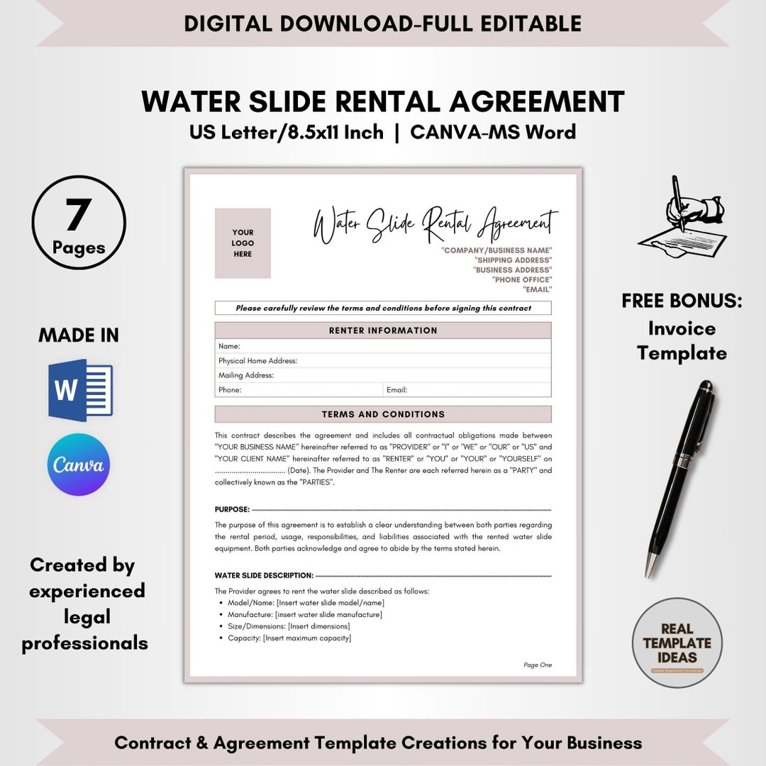 Water Slide Rental Agreement Template, 7 Pages DIY Editable, Aqua Slide ...