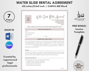 Water Slide Rental Agreement Template, 7 Pages DIY Editable, Aqua Slide Contract, Splash Rental Forms, Aqua Park Rental Terms, Pool Lease