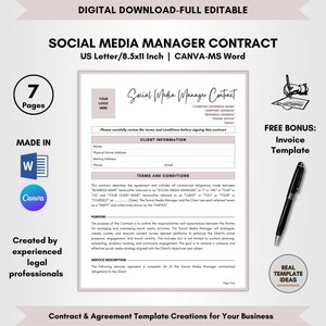 Social Media Manager Contract Template, 7 Pages DIY Editable, Social Media Management Agreement, SM Managerial Terms, Socmed Manager Forms