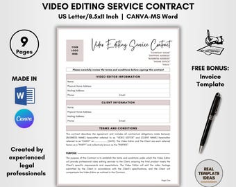 Video Editing Service Contract Template: DIY Editable (Canva & MS Word)