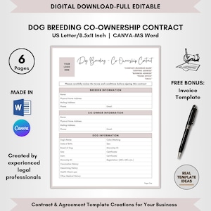 Dog Breeding Co-Ownership Contract Template, 6 Page DIY Editable, Co-Ownership Agreement, Dog Breeder Term, Dog Co-Owner Form, CANVA-MS Word