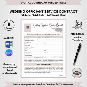 May include: A printable wedding officiant service contract template in a light pink and white color scheme. The template includes a section for client information, terms and conditions, and a free bonus invoice template. The text on the page reads "Wedding Officiant Service Contract".