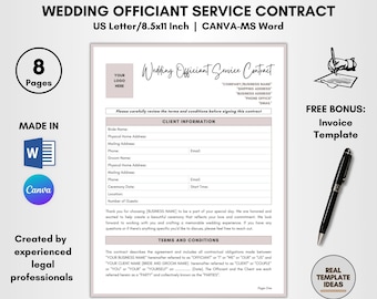 Wedding Officiant Service Contract Template: Editable DIY, 8-Page (Digital Download)