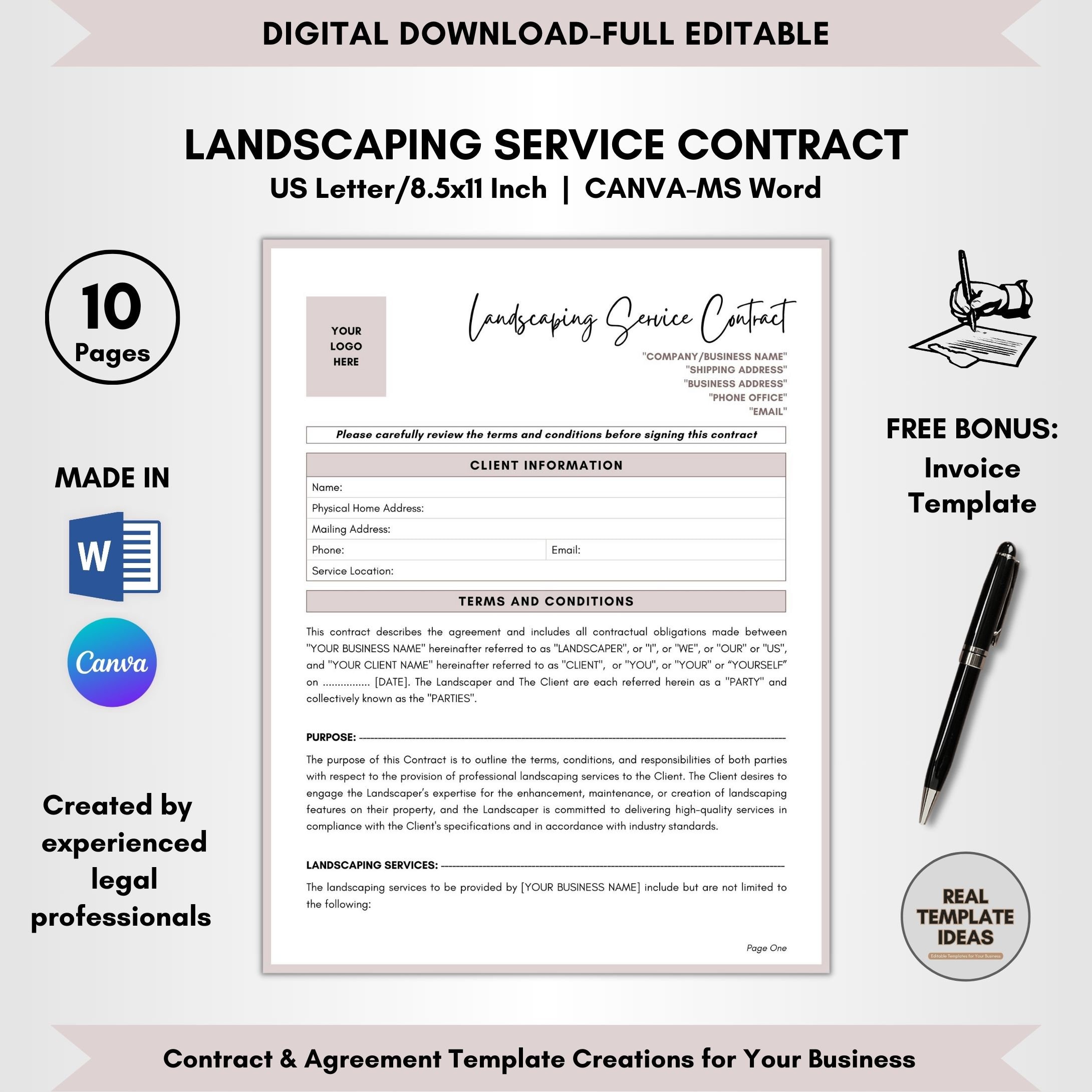 Landscaping Service Contract Template, 10 Pages DIY Editable ...