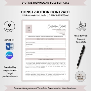 Construction Contract Template, 9 Pages DIY Editable, Construction Business Form, Contractor Agreement, Builder Service Terms, CANVA-MS Word
