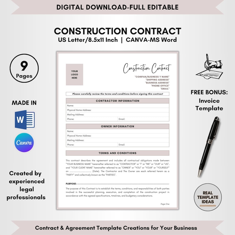 Construction Contract Agreement Template: 9 Pages DIY Editable (CANVA ...