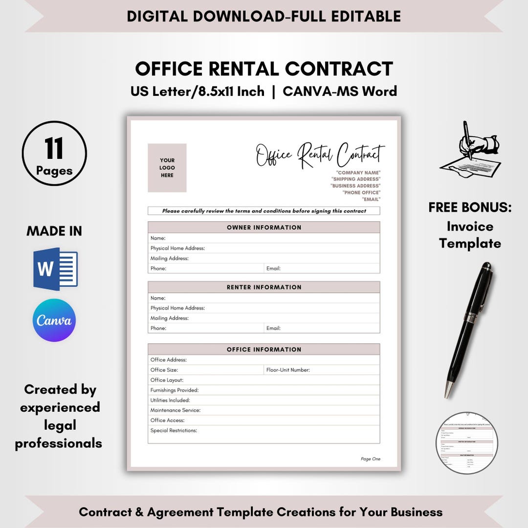 Office Rental Contract Template, 11 Pages DIY Editable, Office Lease ...