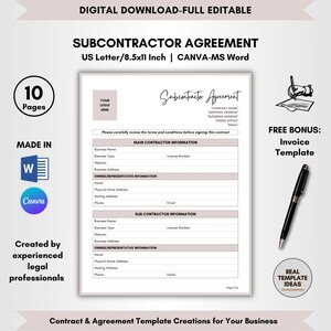 Subcontractor Agreement Template, 10 Pages DIY Editable, Subcontractor Contract, Contractor Terms, Subcontractor Forms, Work Legal Policy