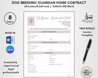 Dog Breeding Guardian Home Vertrag Vorlage, 8 Seiten DIY bearbeitbar, Dog Guardian Home Vereinbarung, Canine Home Care Angebote, CANVA-MS Word