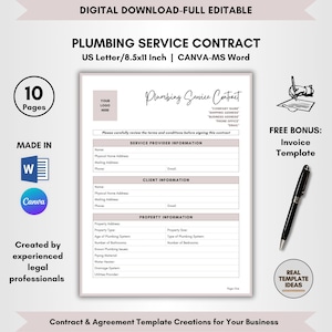 Plumbing Service Contract Template, 10 Pages DIY Editable, Plumber Agreement, Plumbing Installation Terms, Plumbing Repair Form, Plumber Job