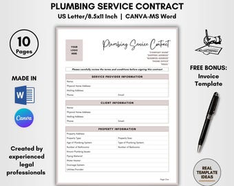 Plumbing Service Contract Template: DIY Editable Agreement (CANVA & MS Word)