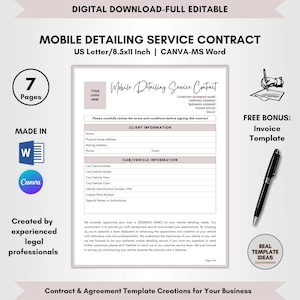 Op de afbeelding: Een afdrukbare sjabloon voor een mobiel detailleercontract in een wit en grijs kleurenschema. De sjabloon bevat secties voor klantgegevens, auto-/voertuiggegevens en speciale opmerkingen of instructies. Het document is gemaakt in Microsoft Word en Canva. De tekst op de pagina luidt "Mobile Detailing Service Contract" en "Free Bonus: Invoice Template".