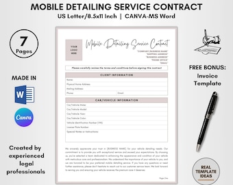 Mobile Detailing Service Contract, 7 Pages DIY Editable, Auto Detailing Agreement, Vehicle Care Terms, Auto Detail Forms, Clean Car Policy