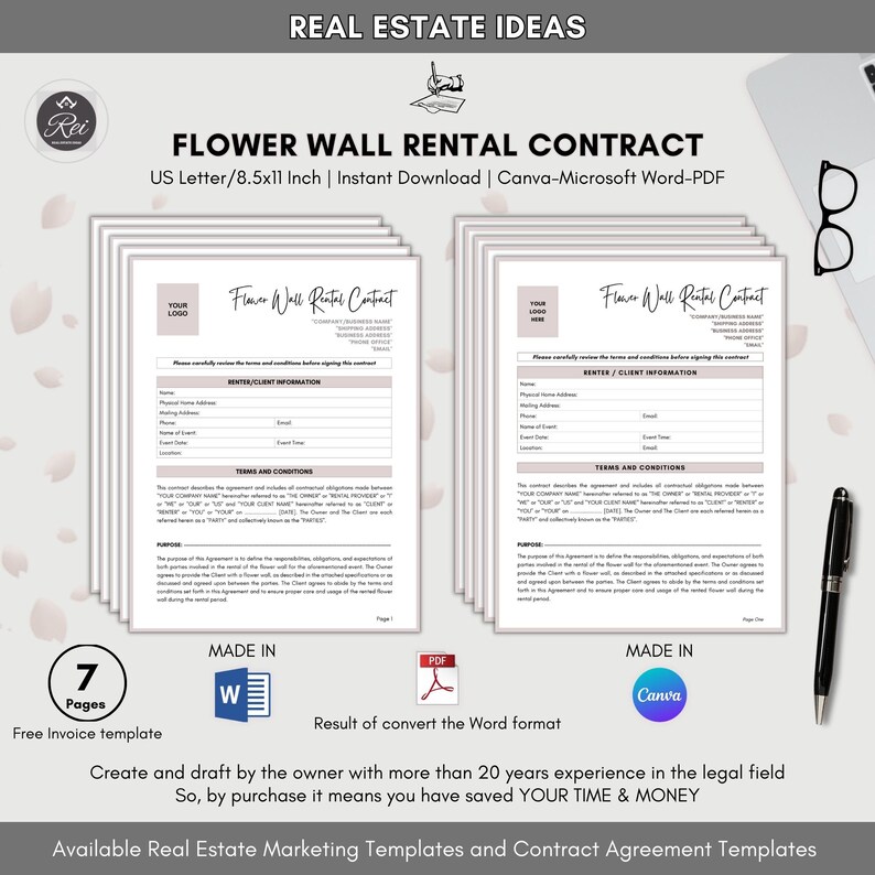 Flower Wall Rental Contract 7 Page DIY Editable Canva Etsy
