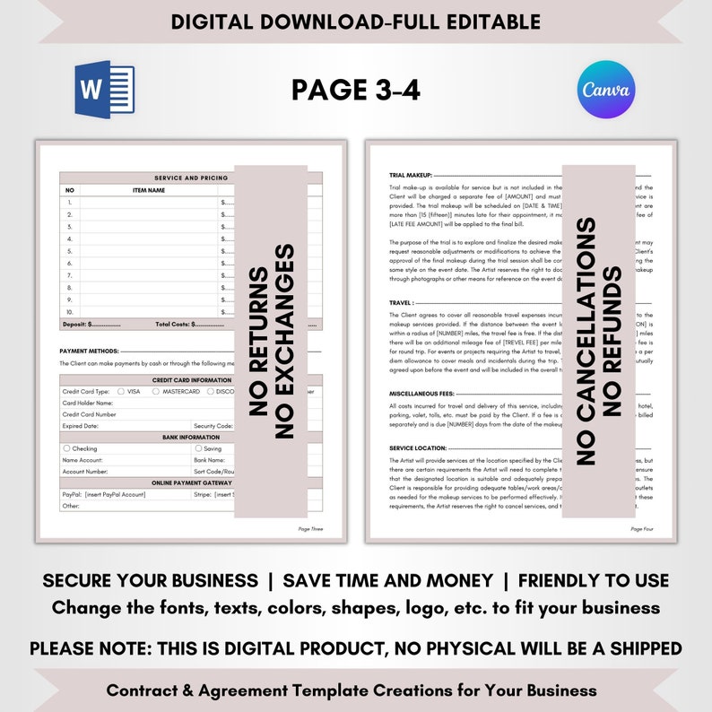 Contract Templates, Agreement Templates, Service Contract, Editable Contract, DIY Editable CANVA-MS Word, Bridal Make Up Artist Service Contract, MUA Service Agreement, Make Up Artist Terms, Bridal Make Up Forms, Bride Make Up Deal, MUA Legal Forms