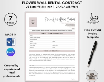 Flower Wall Rental Contract Template: 7 Pages Editable Florist Service Forms (CANVA-MS Word)