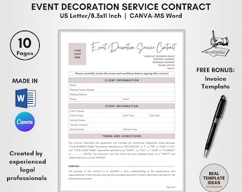 Event Decoration Service Contract Template, 10 Pages DIY Editable, Decoration Agreement Terms, Decorating Forms, Decor Policy, CANVA-MS Word