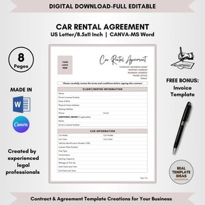 Car Rental Agreement Template, 8 Pages DIY Editable, Vehicle Lease Contract, Auto Rent Form, Car Hire Policy, Auto Hire Terms, CANVA-MS Word