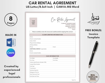 Car Rental Agreement Template, 8 Pages DIY Editable, Vehicle Lease Contract, Auto Rent Form, Car Hire Policy, Auto Hire Terms, CANVA-MS Word