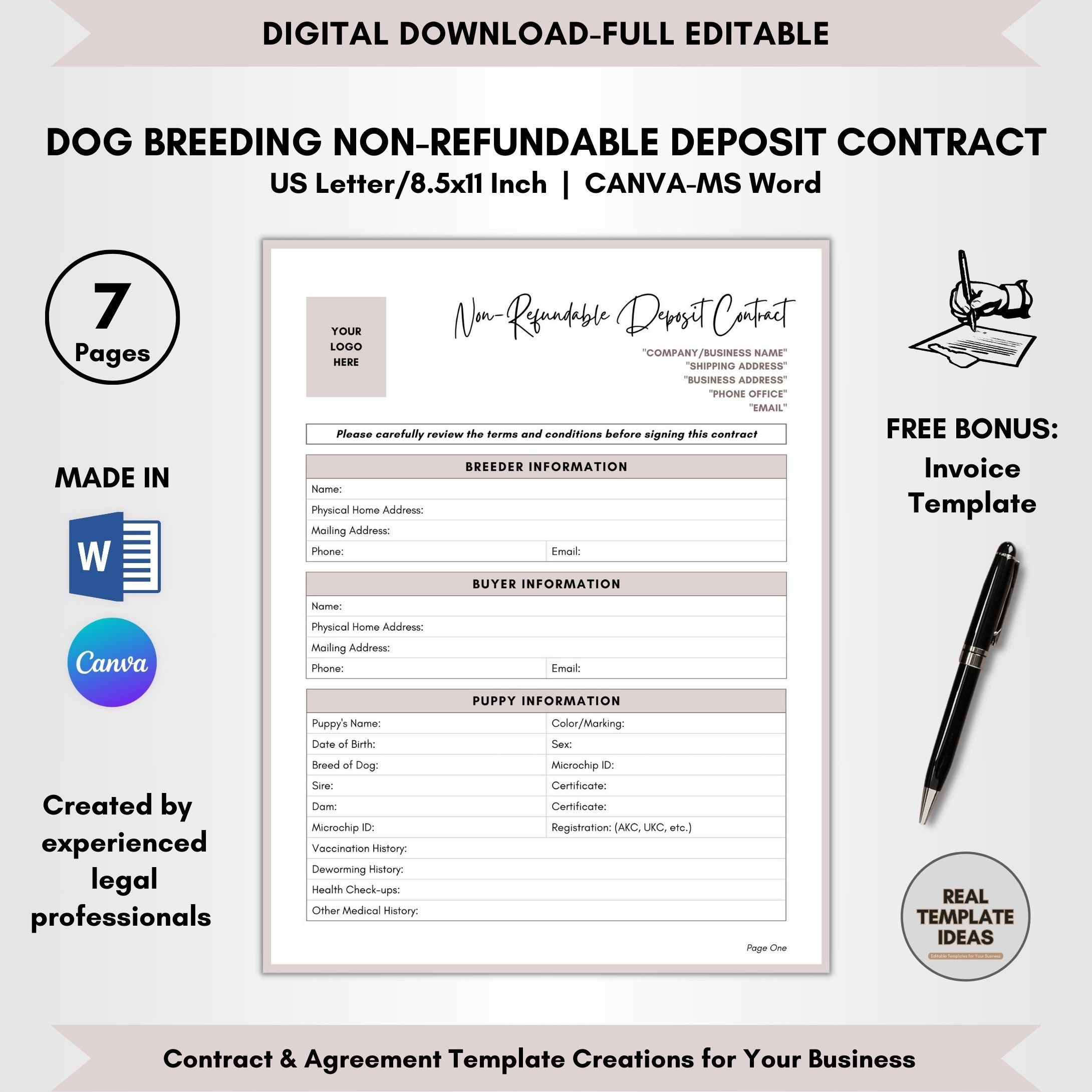 Dog Breeding Non-Refundable Deposit Contract Template, 7 Page DIY Editable, Non-Refundable Deposit Agree, Dog Purchase Terms, CANVA-MS Word