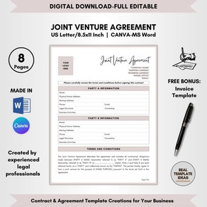 May include: A printable joint venture agreement template in a light gray and white color scheme. The template is designed for use with Microsoft Word and Canva. The document includes sections for party A and party B information, terms and conditions, and a signature line. The document is 8.5 inches by 11 inches and has 8 pages. A free bonus invoice template is also included.