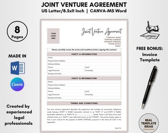 Joint Venture Agreement Template, Jointly Business Contract, Partnership Forms, JV Bond Terms, Teamwork Policy, 8 Pages DIY on Canva-MS Word