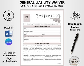 General Liability Waiver Template: 5 Pages Editable DIY Form (Canva & MS Word)