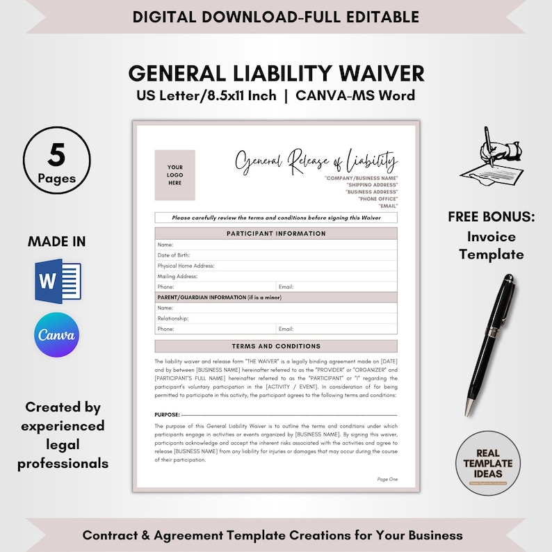 General Liability Waiver Template: Editable DIY Form (canva MS Word General Liability Waiver Template: Editable DIY Form (canva MS Word