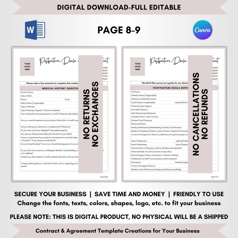 Contract Templates, Agreement Templates, Service Contract, DIY Editable, CANVA-MS Word, Editable Contract, Postpartum Doula Service Contract, Postpartum Support Agreement, Postpartum Wellness Terms, Doula Service Forms, Birth Helper, Birth Assistance