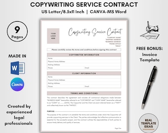 Copywriting Service Contract Template: DIY Editable, 9 Pages (CANVA-MS Word)