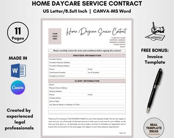 Home Daycare Service Contract Template: Editable DIY Forms (CANVA & MS Word)