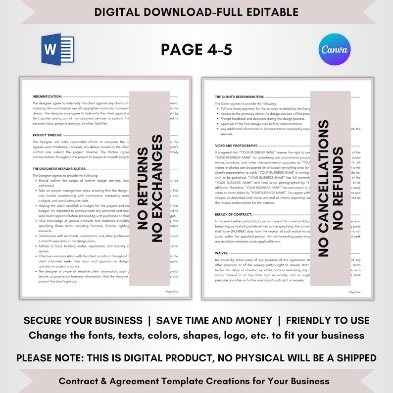 Contract Templates, Agreement Templates, Service Contract, Service Terms, DIY Editable, CANVA-MS Word, Editable Contract, Interior Design Service Contract, Interior Designer Agreement, Room Designer Terms, Room Style Service Forms, Home Design Policy