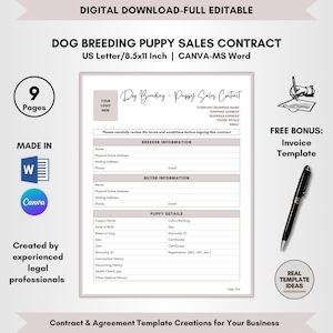 Dog Breeding Puppy Sales Contract Template, 9 Pages DIY Editable, Dog Breeder Terms, Puppy Sales Agreement, Canine Sale Forms, CANVA-MS Word