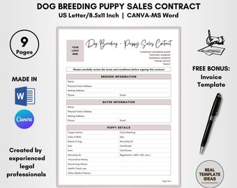 Dog Breeding Puppy Sales Contract Template, 9 Pages DIY Editable, Dog Breeder Terms, Puppy Sales Agreement, Canine Sale Forms, CANVA-MS Word