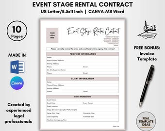 Event Stage Rental Contract Template: 10 Pages DIY Editable Agreement (CANVA & MS Word)