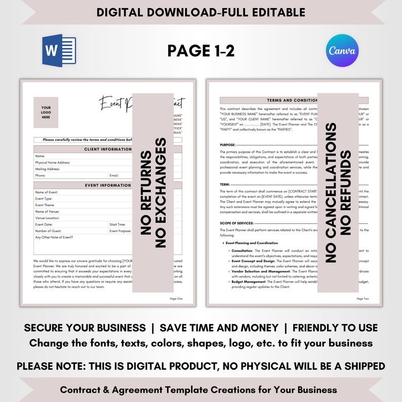 Contract Templates, Agreement Templates, Service Contract, Service Agreement, Event Planner Contract, Event Planning Agreement, Event Organizing Terms, Event Organizer Forms, Planner Legal Policy, Event Guidance Doc, Editable Contract, CANVA-MS Word